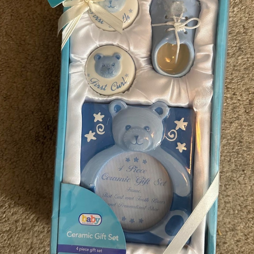 Baby Connection Ceramic 4 PC Baby Boy Tooth, Curl,  Frame and Shoe New Set
